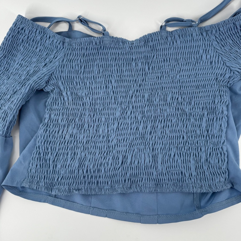Boho Off Shoulder Bell Sleeve Smocked Crop Top Blue Grommet Detail Babydoll M - Picture 3 of 9